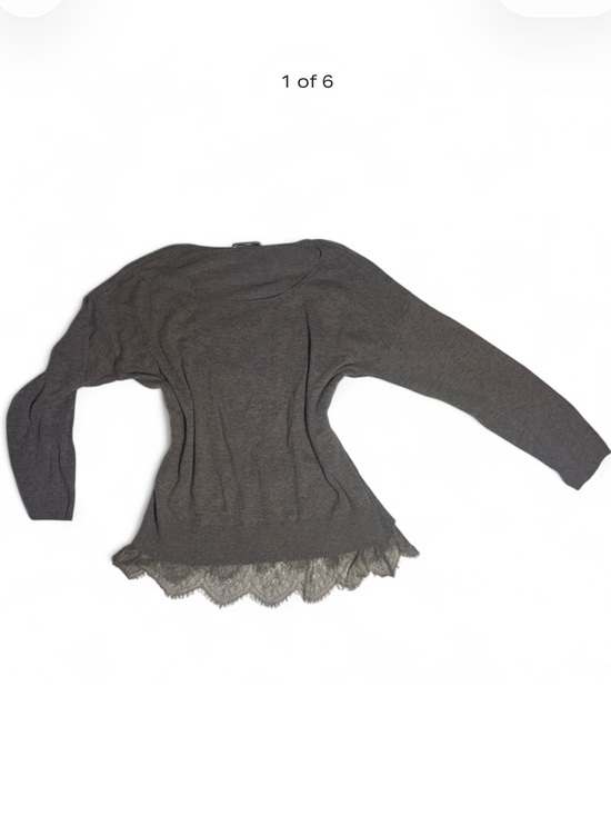 Sioni Tops - Sioni Dolman Sleeve Knit Top with Scalloped Lace Trim Hem Women’s L Brown